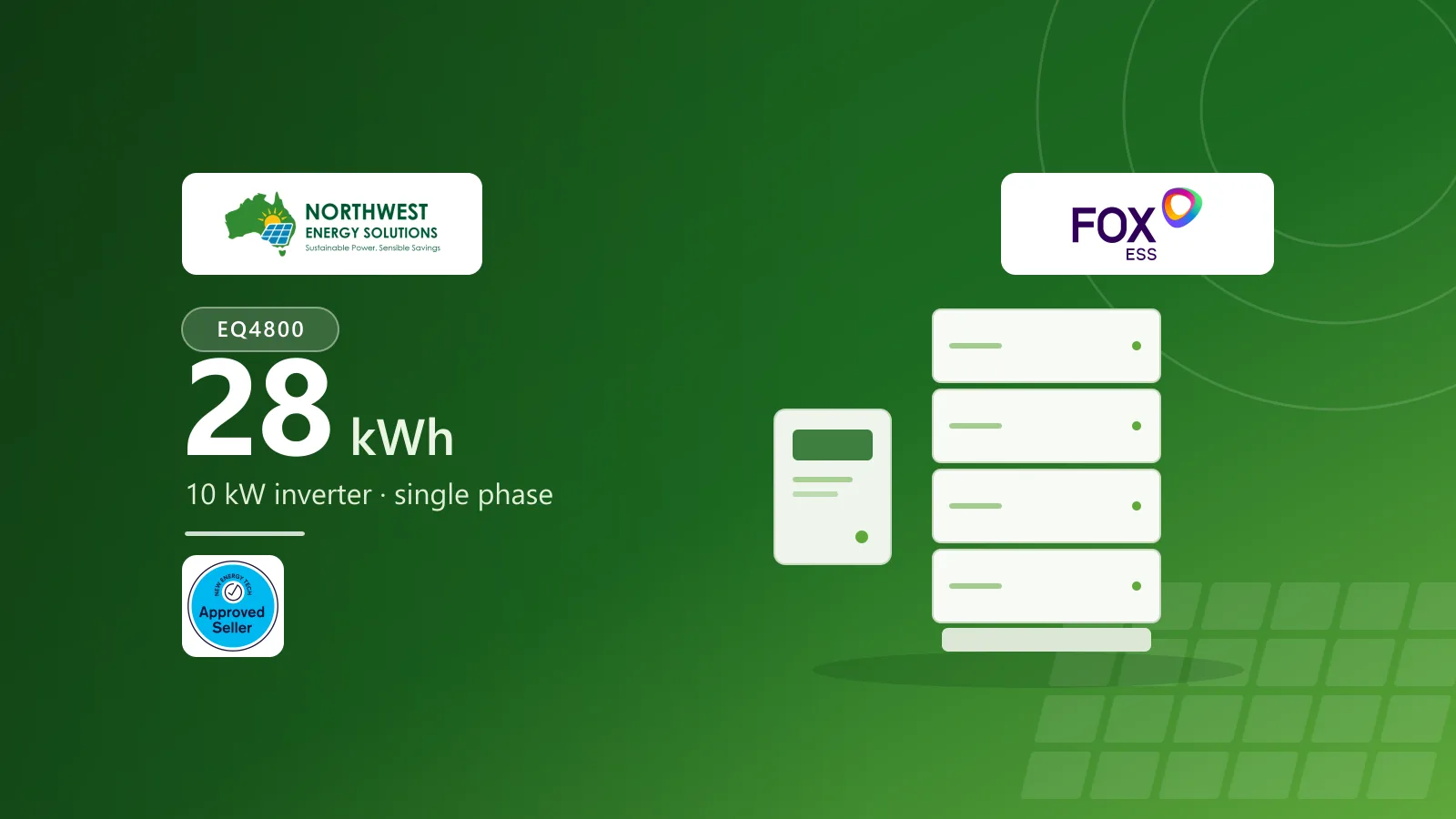 Northwest Energy Solutions FoxESS EQ4800 package: a 28 kWh home battery with a 10 kW single-phase inverter.